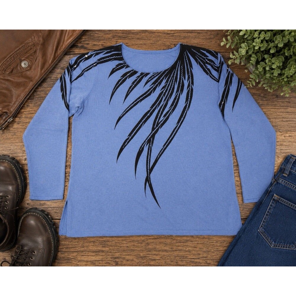 Bob Mackie Sz Large Shirt Top Sweater Blouse Wearable Art Feathers Beaded Blue